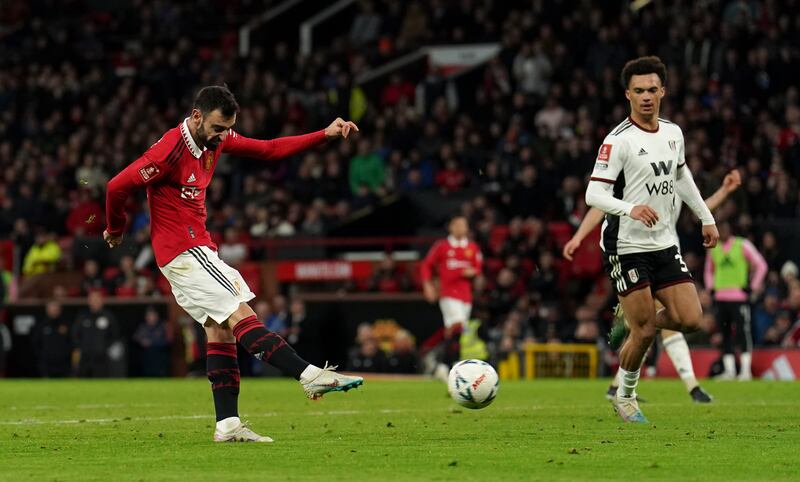 Bruno Fernandes scores Manchester United's third goal. PA