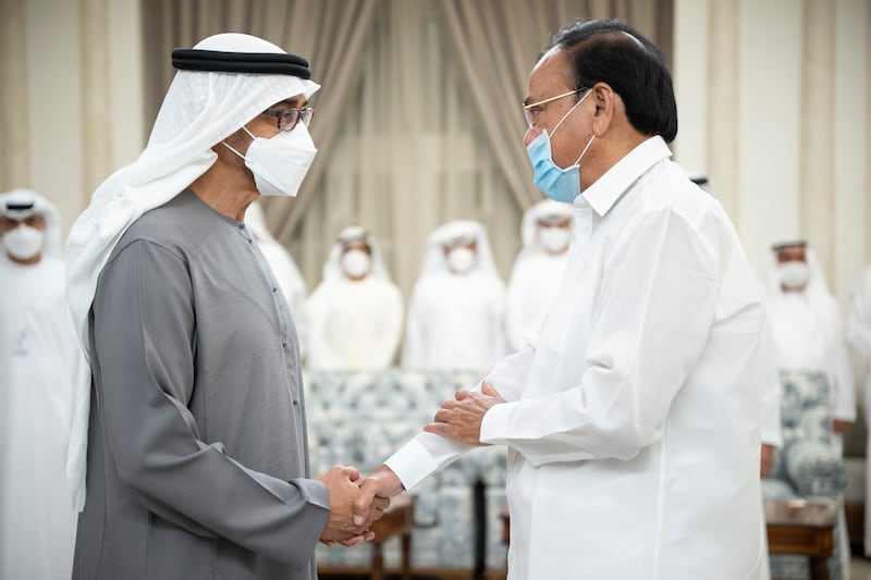 Venkaiah Naidu, Vice President of India, offers condolences to the President, Sheikh Mohamed, on the death of Sheikh Khalifa, at Mushrif Palace in Abu Dhabi. Rashed Al Mansoori / Ministry of Presidential Affairs 