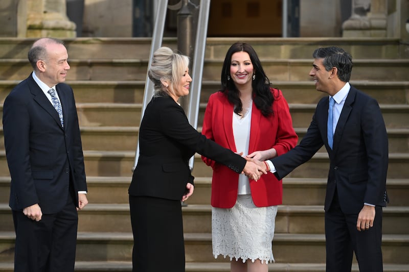 First Minister of Northern Ireland, Michelle O'Neill, and Deputy First Minister of Northern Ireland, Emma Little-Pengelly, greet British Prime Minister Rishi Sunak and Northern Ireland Secretary Chris Heaton-Harris at Stormont Castle in Belfast. Getty Images