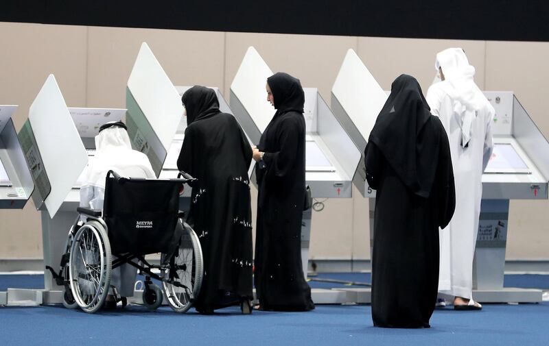 ABU DHABI,  UNITED ARAB EMIRATES , OCTOBER 3 – 2019 :- Residents casting their votes for the FNC elections held at the ADNEC in Abu Dhabi. ( Pawan Singh / The National ) For News. Story by Haneen