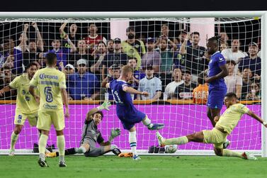 LAS VEGAS, NEVADA - JULY 16: Timo Werner of Chelsea scores their side's first goal during the Preseason Friendly match between Chelsea and Club America at Allegiant Stadium on July 16, 2022 in Las Vegas, Nevada.    Ethan Miller / Getty Images / AFP
