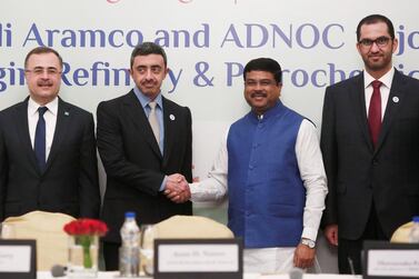 From left, Saudi Aramco chief executive Amin Nasser, Sheikh Abdullah bin Zayed, Minister for Foreign Affairs, India's oil minister Dharmendra Pradhan and Adnoc chief executive Ahmed Al Jaber at the signing ceremony for the refinery deal in New Delhi, India. Adnan Abidi/Reuters