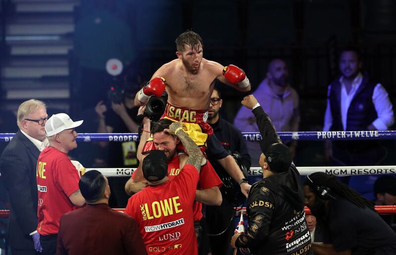 Isaac Lowe celebrates victory against Alberto Guevara in the Featherweight bout at the MGM Grand, Las Vegas. PA wire