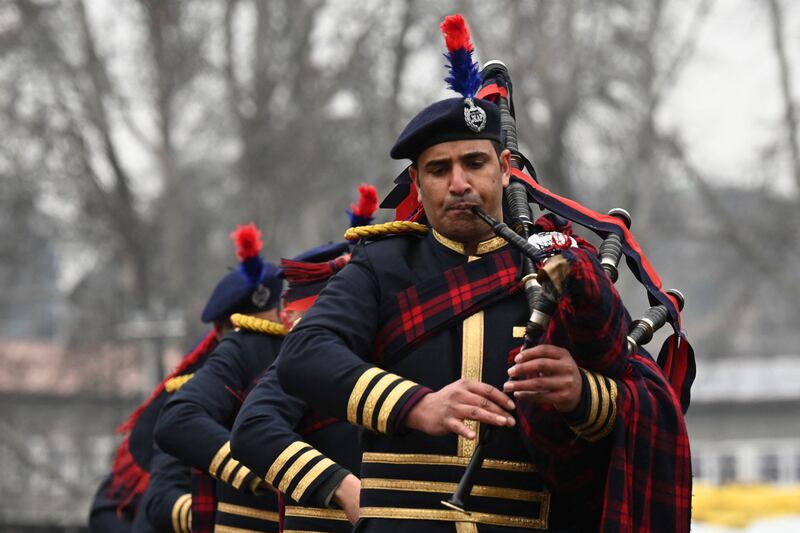 An Indian police band performs during a Republic Day parade at a stadium in Srinagar. AFP