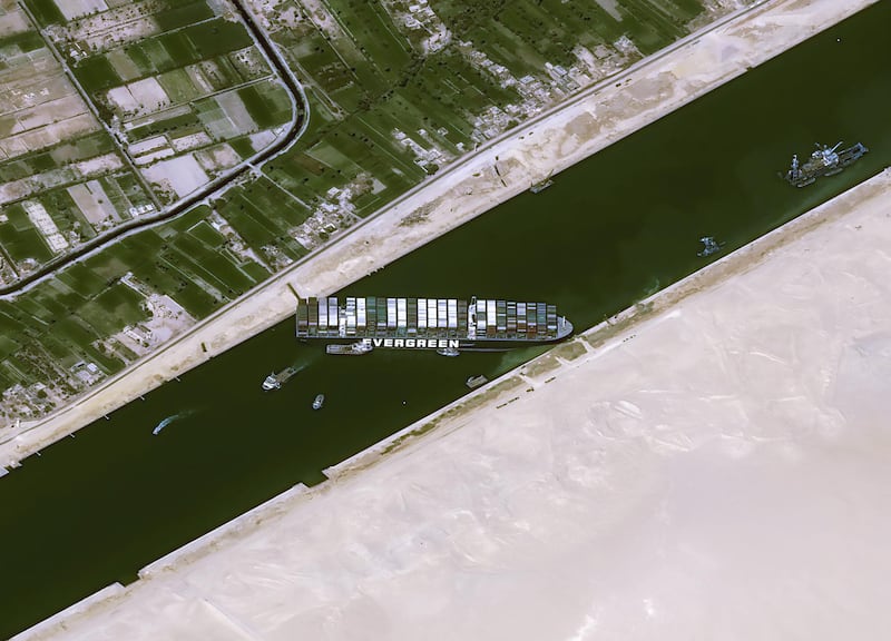 Satellite imagery capture the traffic jam at the Suez Canal caused by the 'Ever Given' container running aground. Airbus Space 