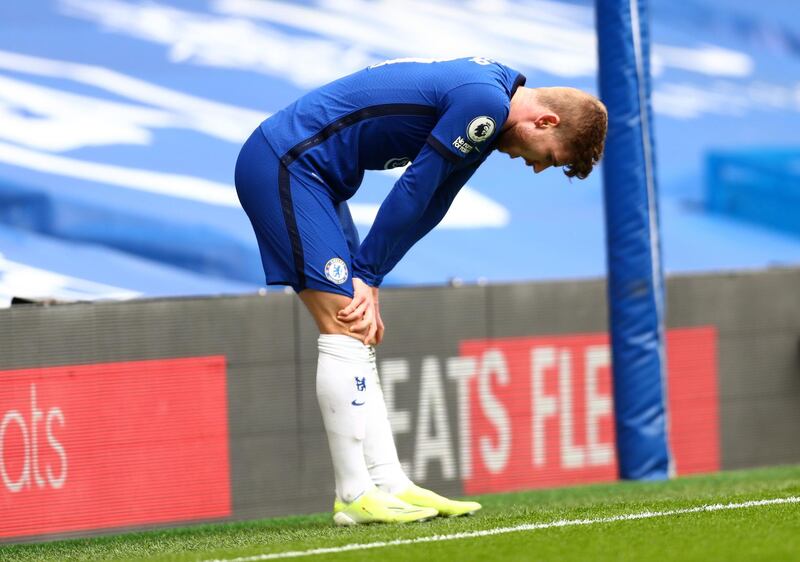 Chelsea's Timo Werner looks dejected during the Premier League match against West Brom at Stamford Bridge on Saturday April 3, 2021. PA