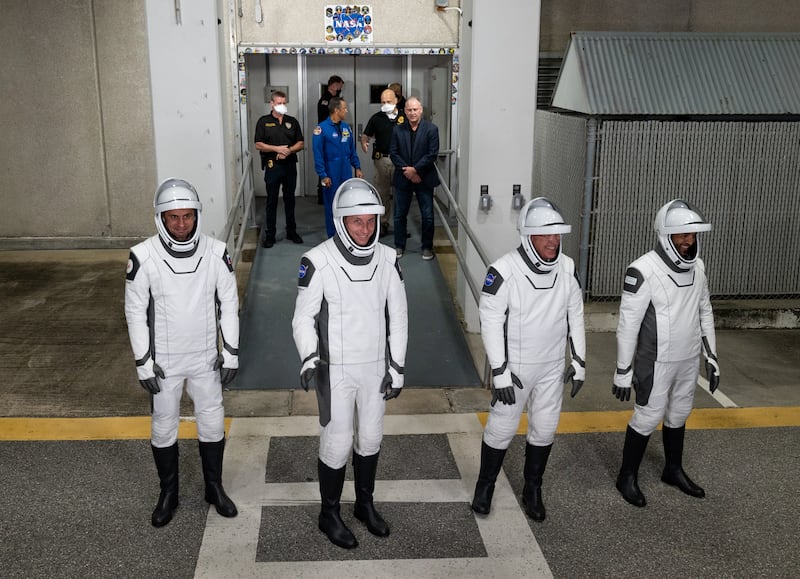 Right to left, UAE astronaut Sultan Al Neyadi, Nasa astronaut Stephen Bowen, Nasa astronaut Woody Hoburg and Roscosmos cosmonaut Andrey Fedyaev seen during their launch rehearsal. Photo: Nasa