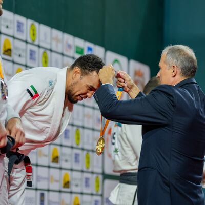 Faisal Al Ketbi receieves his gold medal at the Jiu-Jitsu World Championship. Photo: UAEJJF