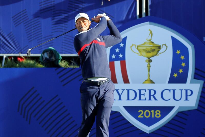 Tiger Woods tees off during practice at the Ryder Cup at Le Golf National - Guyancourt, France. Regis Duvignau / Reuters