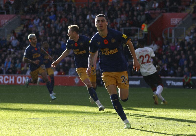 Newcastle's Miguel Almiron celebrates after scoring. PA