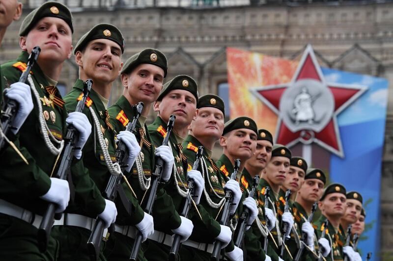 Russian servicemen march at Red Square during the general rehearsal of the Victory Day military parade in Moscow. Kirill Kudryavtsev / AFP
