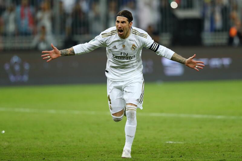 JEDDAH, SAUDI ARABIA - JANUARY 12: Sergio Ramos of Real Madrid celebrates after scoring from the penalty spot for his teams victory in the Supercopa de Espana Final match between Real Madrid and Club Atletico de Madrid at King Abdullah Sports City on January 12, 2020 in Jeddah, Saudi Arabia. (Photo by Francois Nel/Getty Images)