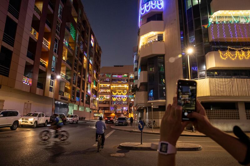 Diwali decorations light up apartments in Bur Dubai near Burjuman Centre. Antonie Robertson / The National