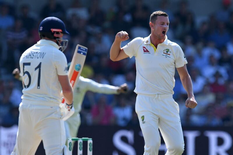 Australia's Josh Hazlewood celebrates after taking the wicket of England's Jonny Bairstow. AFP