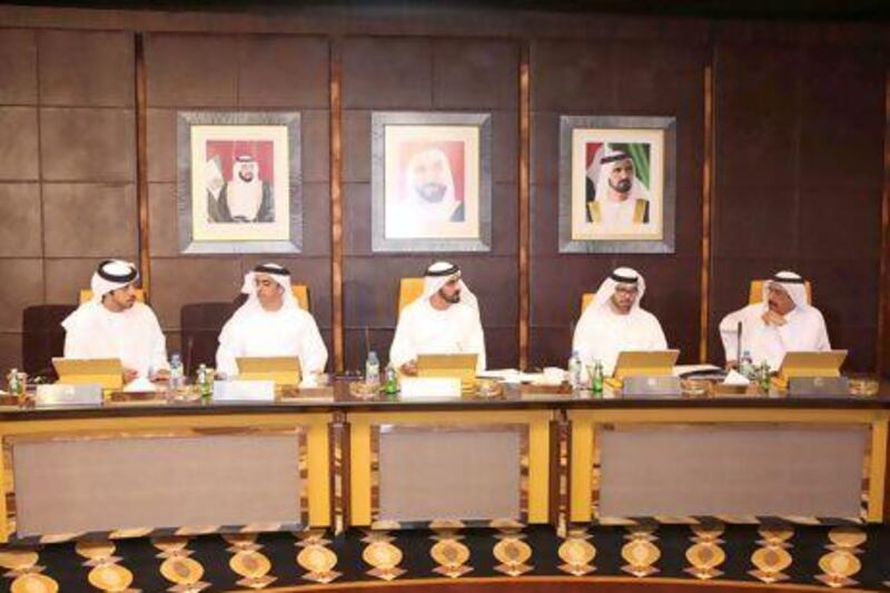 Sheikh Mohammed bin Rashid, Vice President, Prime Minister and Ruler of Dubai, leads the cabinet meeting yesterday. The meeting was the first since the positions were reassigned almost two weeks ago. Courtesy Wam