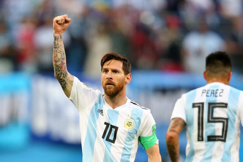 SAINT PETERSBURG, RUSSIA - JUNE 26:  Lionel Messi of Argentina celebrates after scoring his team's first goal during the 2018 FIFA World Cup Russia group D match between Nigeria and Argentina at Saint Petersburg Stadium on June 26, 2018 in Saint Petersburg, Russia.  (Photo by Alex Livesey/Getty Images)