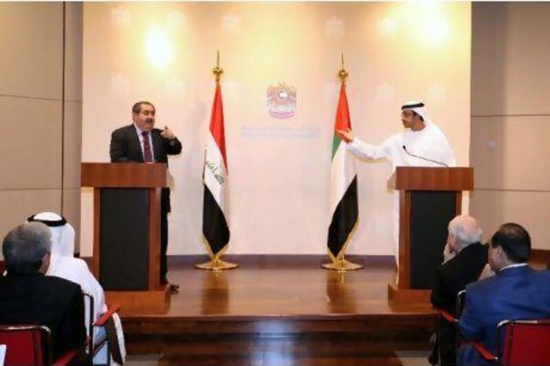 Sheikh Abdullah, the Foreign Minister, with his Iraqi counterpart Hoshyar Zebari at a joint press conference in Abu Dhabi. Ali Haider / EPA