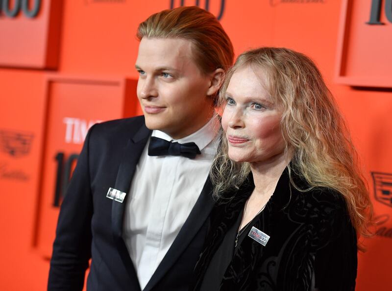 Mia Farrow and her son, journalist Ronan Farrow, arrive on the red carpet for the Time 100 Gala at the Lincoln Center in New York on April 23, 2019. AFP