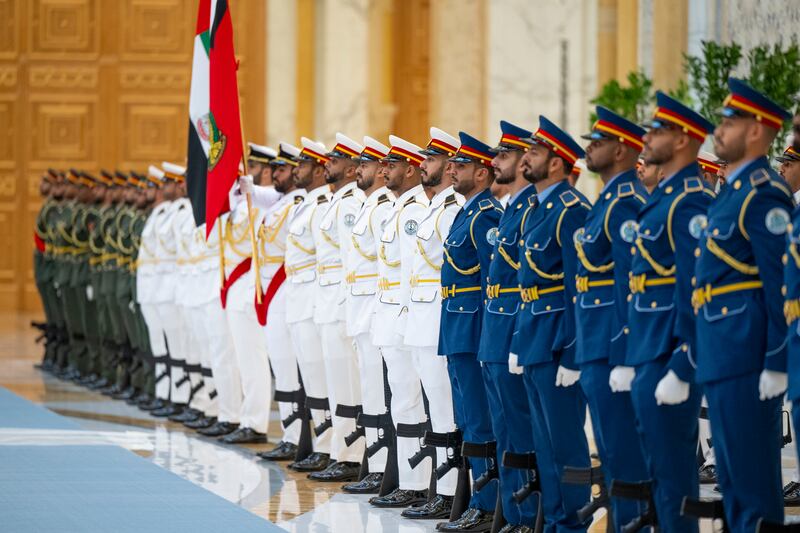 Members of the UAE honour guard at Qasr Al Watan. Abdulla Al Bedwawi / UAE Presidential Court