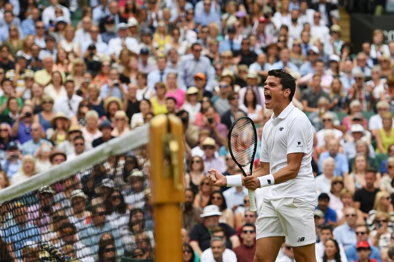 LONDON, ENGLAND - JULY 08:  Milos Raonic of Canada celebrates victory during the Men's Singles Semi Final match against Roger Federer of Switzerland on day eleven of the Wimbledon Lawn Tennis Championships at the All England Lawn Tennis and Croquet Club on July 8, 2016 in London, England.  (Photo by Shaun Botterill/Getty Images)