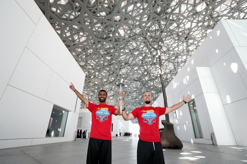 Abu Dhabi, United Arab Emirates - March 13, 2019: The arrival of Special Olympic torch team at Louvre Abu Dhabi. Wednesday the 13th of March 2019 at Louvre, Abu Dhabi. Chris Whiteoak / The National