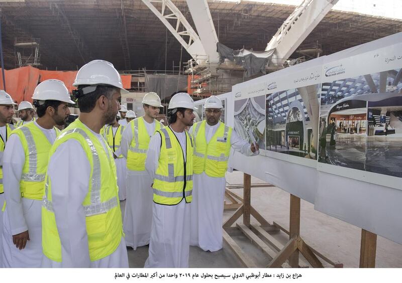 Sheikh Hazza bin Zayed, Deputy Chairman of the Abu Dhabi Executive Council, tours the Midfield Terminal Building at Abu Dhabi International Airport on Sunday, which he says will be the largest state-of-the-art airport in the world. Wam