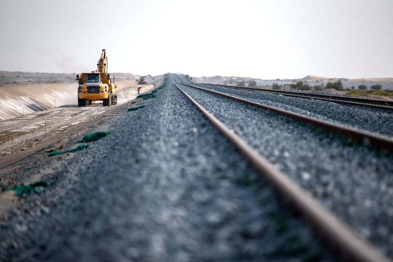 From Saih Shuaib, tracks are being laid north toward Dubai and south toward Abu Dhabi, creating a rail link for the first time between the two emirates.
