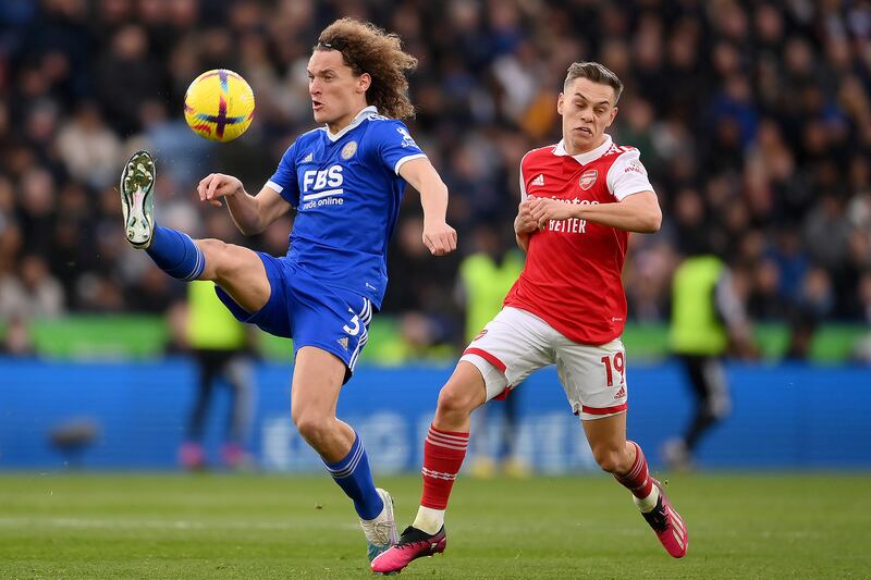 Wout Faes of Leicester City clears the ball from Leandro Trossard of Arsenal. Getty