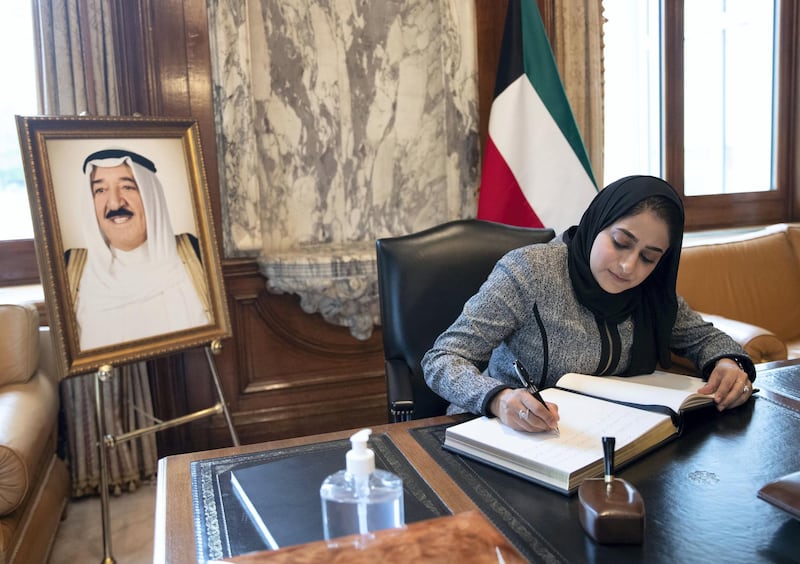 LONDON 1st October 2020. Rua AlZadjali from the Oman Embassy in London signs a book of condolence at the Kuwait Embassy in London following the death of the Emir of Kuwait. Stephen Lock for the National 