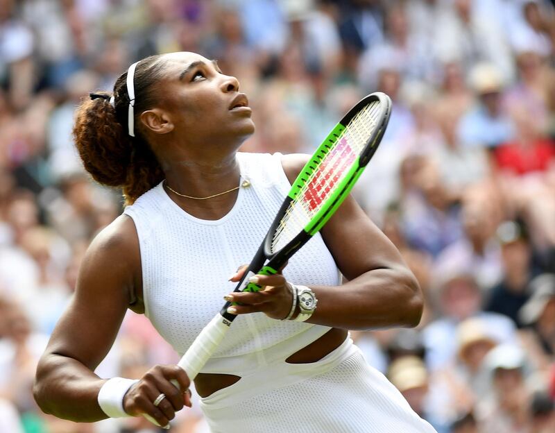 epaselect epa07710183 Serena Williams of the USA in action against Barbora Strycova of the Czech Republic during their semi final match for the Wimbledon Championships at the All England Lawn Tennis Club, in London, Britain, 11 July 2019. EPA/ANDY RAIN EDITORIAL USE ONLY/NO COMMERCIAL SALES