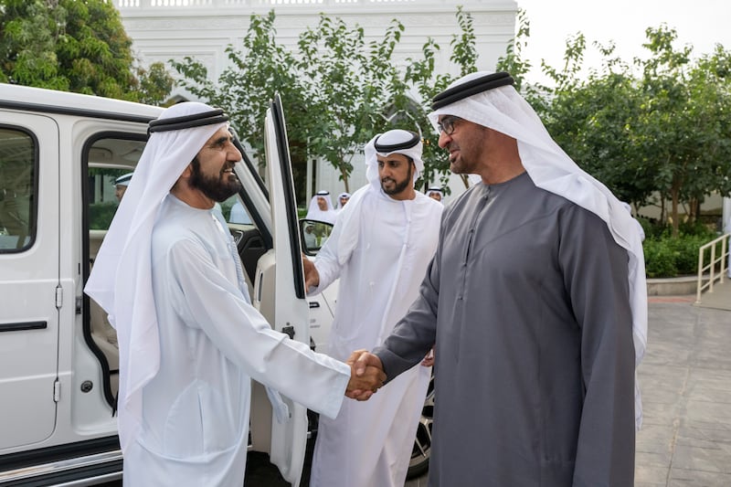President Sheikh Mohamed welcomes Sheikh Mohammed bin Rashid to Abu Dhabi. All photos: Presidential Court