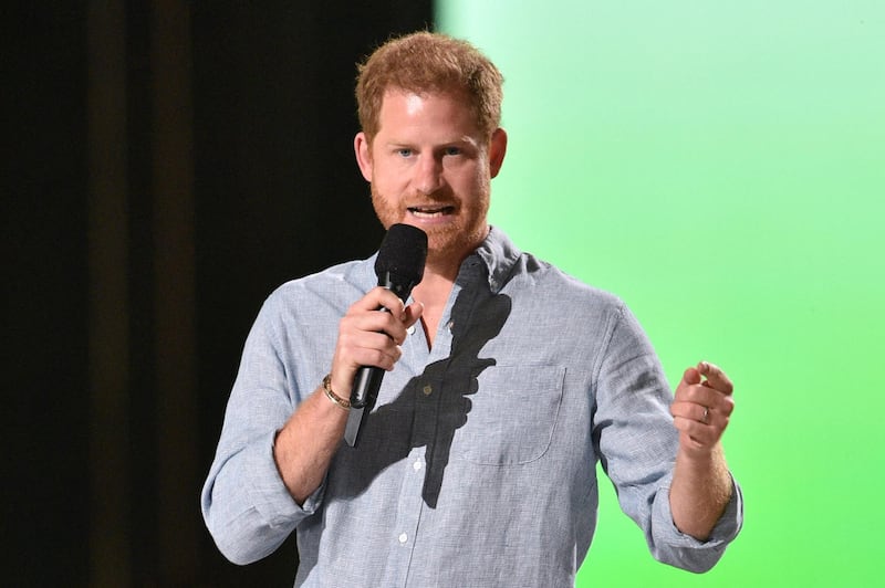 Britain's Prince Harry, Duke of Sussex, speaks onstage during the taping of the Vax Live fundraising concert at SoFi Stadium in Inglewood, California. AFP