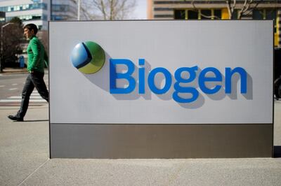 FILE PHOTO: A sign marks a Biogen facility in Cambridge, Massachusetts, U.S., March 9, 2020.   REUTERS/Brian Snyder/File Photo