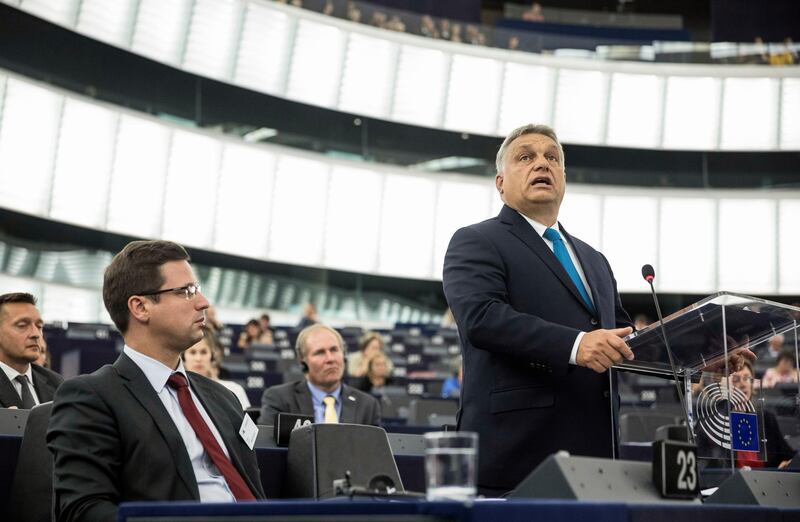 Hungary's Prime Minister Viktor Orban delivers his speech at the European Parliament in Strasbourg, eastern France, Tuesday Sept.11, 2018. The European Parliament debates whether Hungary should face political sanctions for policies that opponents say are against the EU's democratic values and the rule of law. (AP Photo/Jean-Francois Badias)