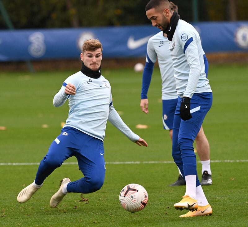 COBHAM, ENGLAND - OCTOBER 30: Timo Werner and Hakim Ziyech of Chelsea during a training session at Chelsea Training Ground on October 30, 2020 in Cobham, United Kingdom. (Photo by Darren Walsh/Chelsea FC via Getty Images)