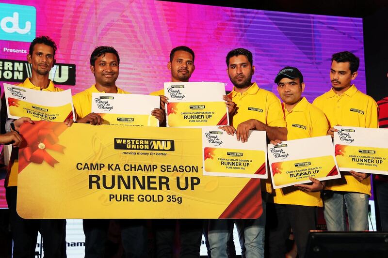 DUBAI , UNITED ARAB EMIRATES, September 27 , 2018 :- Runner up teams of the Western Union Camp Ka Champ season 12 with their prize during the award ceremony held at Nuzul Accommodation in Jabel Ali Industrial area in Dubai. ( Pawan Singh / The National )  For News/Big Picture/Instagram/Online. Story by Patrick
