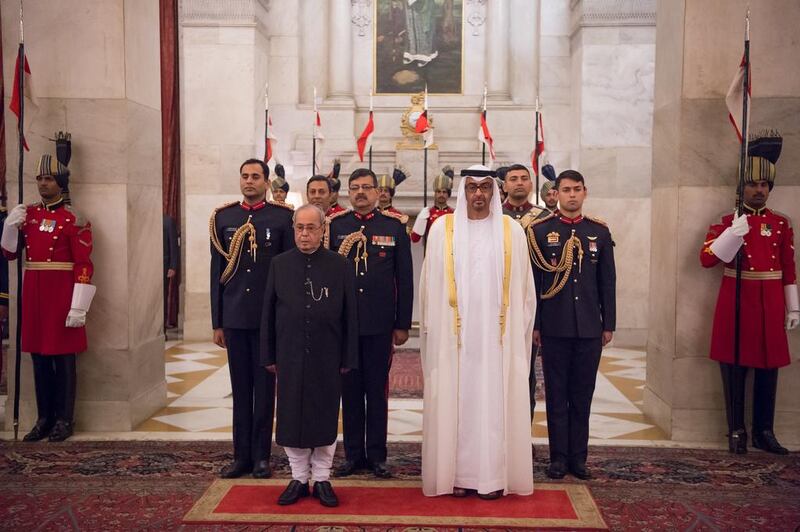 Pranab Mukherjee, President of India, and Sheikh Mohammed bin Zayed at a dinner reception at Rashtrapati Bhavan. Mohamed Al Suwaidi / Crown Prince Court - Abu Dhabi