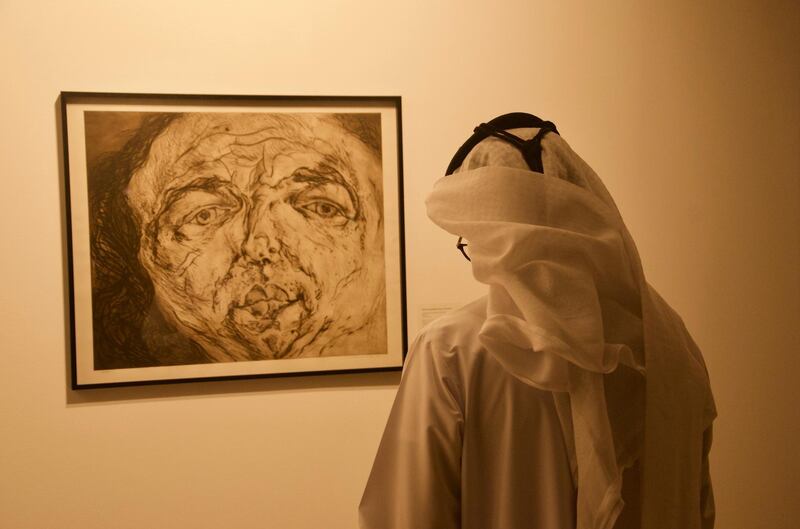 An artwork by Marwan, a Syrian artist who depicts the face with lanscape-like properties, such as its ravines and peaks, on show as Within/Without at Manarat Al Saadiyat. Photo courtesy of NYU Abu Dhabi