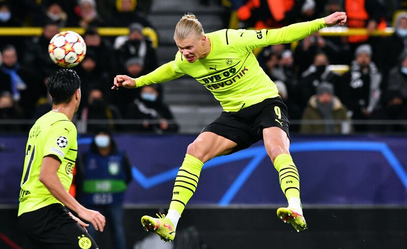 Dortmund forward Erling Haaland scores during the Champions League match against Besiktas in December, 2021. AFP