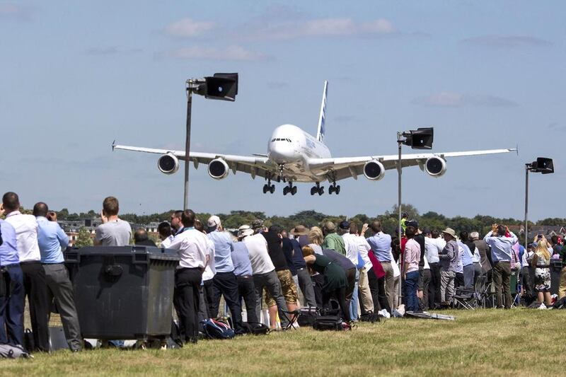 The Airbus A380 aircraft comes in to land after its display at the Farnborough International Airshow. Kieran Doherty / Reuters
