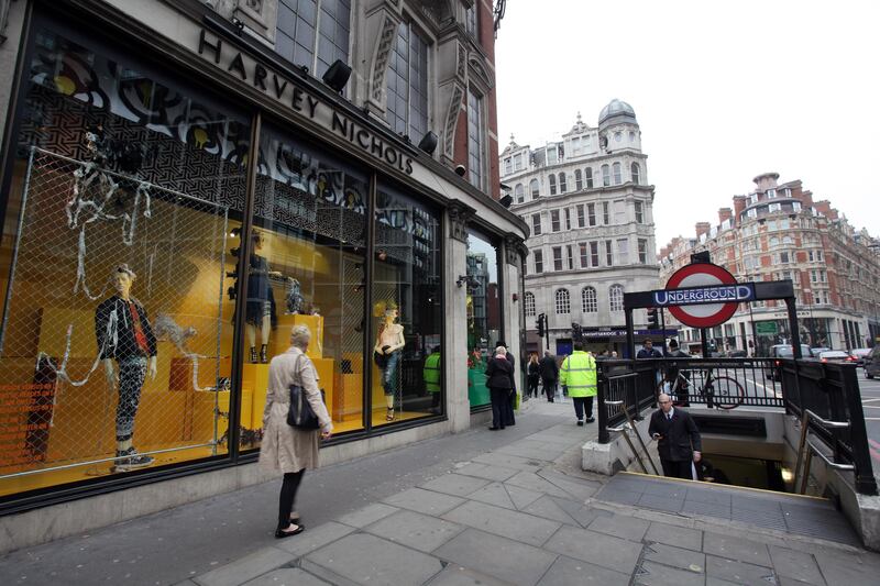 LONDON, UNITED KINGDOM - APRIL 25, 2014:  The Harvey Nichols department store in the affluent Knightsbridge district of London which is popular with tourists, on April 25, 2014.  (Randi Sokoloff for The National)
