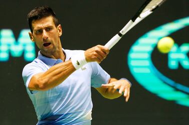 Serbia's Novak Djokovic returns the ball to Daniil Medvedev during their ATP 500 Astana Open tennis tournament semi-final match in Astana, Kazakhstan, Saturday, Oct.  8, 2022.  (AP Photo / Stas Filippov)