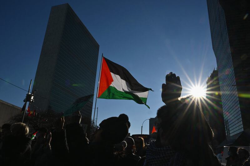 Pro-Palestine protesters demonstrate outside UN headquarters in New York. AFP