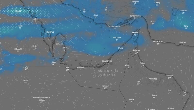 Rain is expected across the UAE towards the end of the week. Courtesy Windy.com