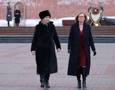 Then British Foreign Secretary Liz Truss at the Tomb of the Unknown Soldier by the Kremlin Wall in Moscow, Russia, in February. Reuters