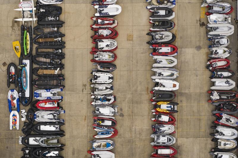 A storage yard for the dinghies, ribs and rowing boats previously used by migrants to cross the English Channel. Getty