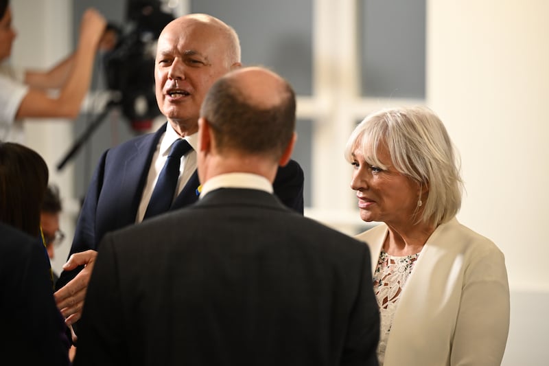 Culture Secretary Nadine Dorries and Conservative MP Iain Duncan Smith arrive for the Truss campaign launch event. Getty