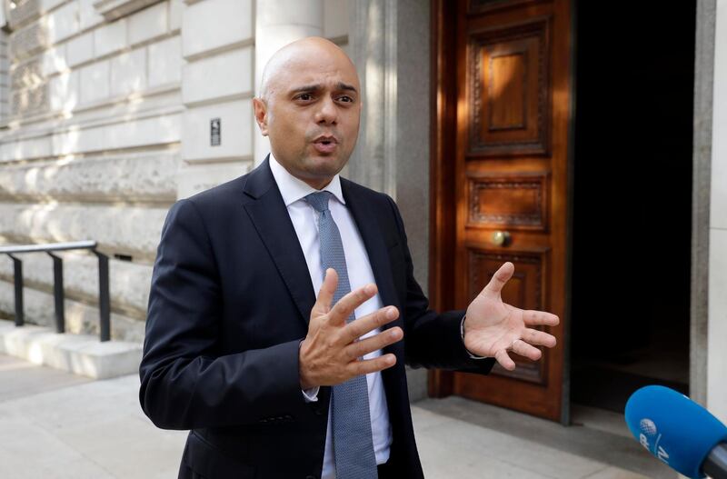 LONDON, ENGLAND - JULY 24: Britain's new Chancellor of the Exchequer Sajid Javid arrives at the treasury on July 24, 2019 in London, England. Boris Johnson took the office of Prime Minister of the United Kingdom of Great Britain and Northern Ireland this afternoon and immediately began appointing new Cabinet Ministers. Former Foreign secretary and leadership rival Jeremy Hunt returns to the back benches, along with Liam Fox, Jeremy Wright, Penny Mordaunt and Karen Bradley. (Photo by Matt Dunham - WPA Pool/Getty Images)