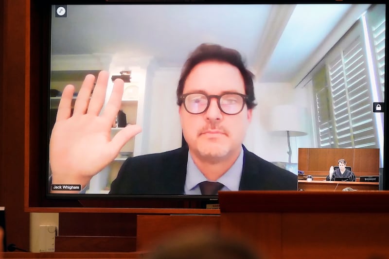 Jack Whigham, talent manager for Johnny Depp, is sworn in for remote testimony. AP