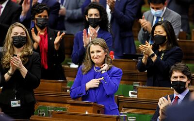 Canada's Deputy Prime Minister and Finance Minister Chrystia Freeland points to her yellow button in support of Ukraine, and gets standing ovation, as she delivers the 2022-23 budget in Ottawa, Ontario, Canada, on April 7. Reuters